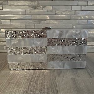 Milly Brand New Evening Box Clutch with Chain, silver and gray